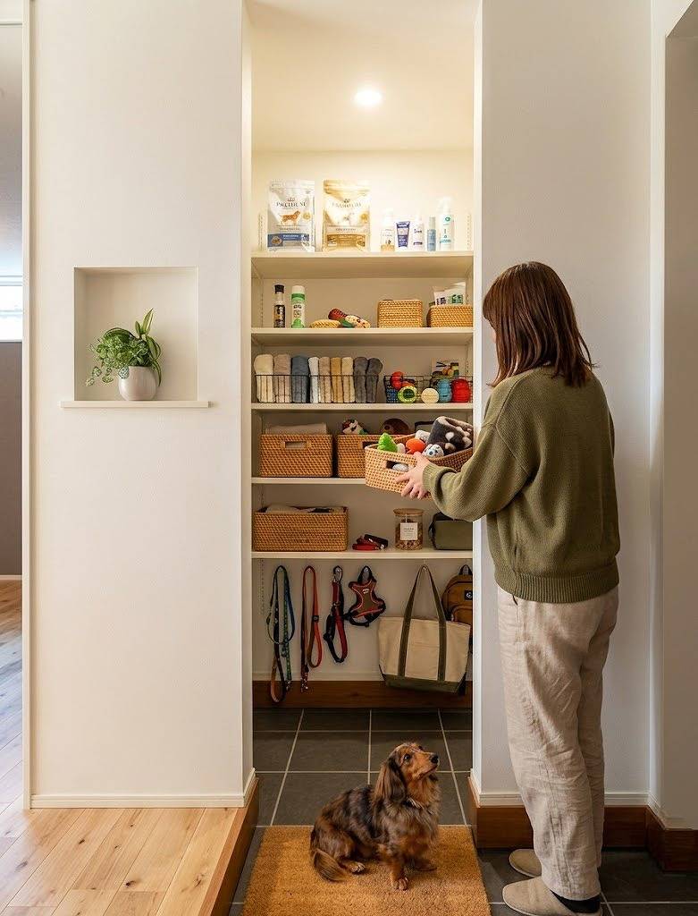 愛犬のえさやお散歩グッズをしっかり収納できる玄関収納