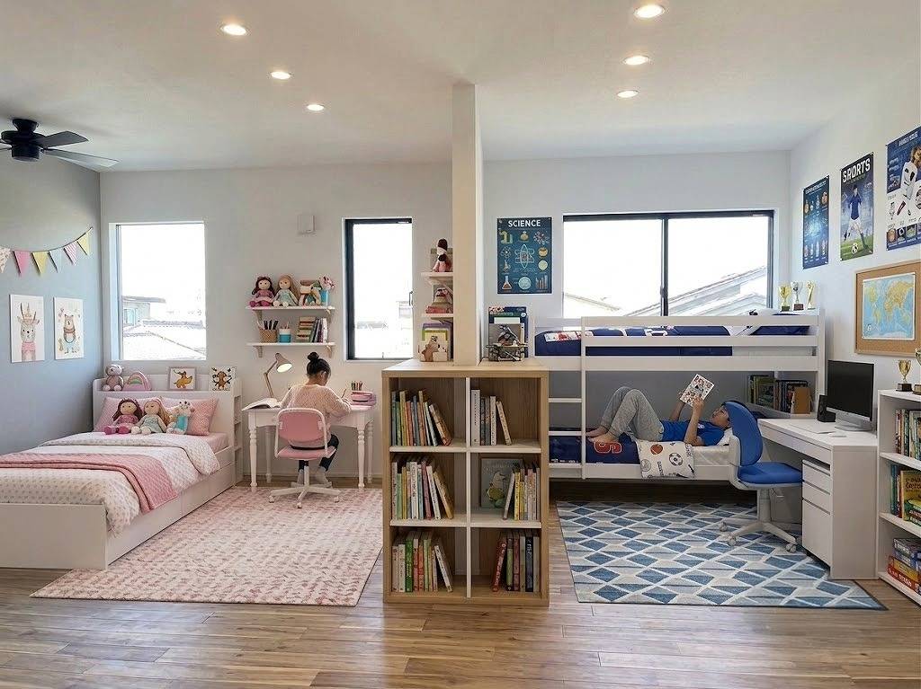 大きな一つの部屋を区切って2部屋にできる可変性のある家づくり、将来の間取り変更や家族の成長に合わせた住まい