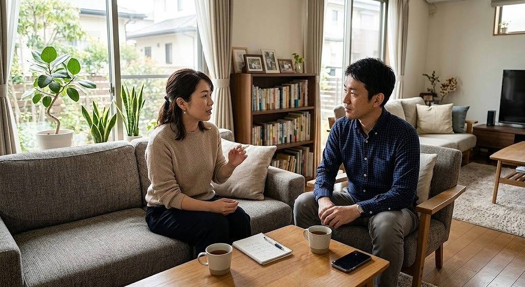 福岡の自然豊かな環境に佇む一戸建ての実家で将来の住まい方を話し合う若い夫婦