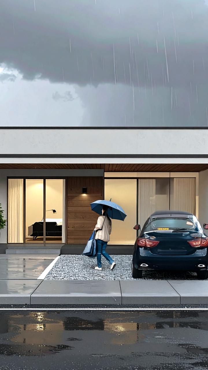 雨の中、傘をさして荷物を運ぶ様子のイメージ