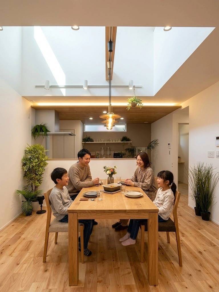 吹き抜けのあるリビングで家族が快適に過ごす明るい室内空間