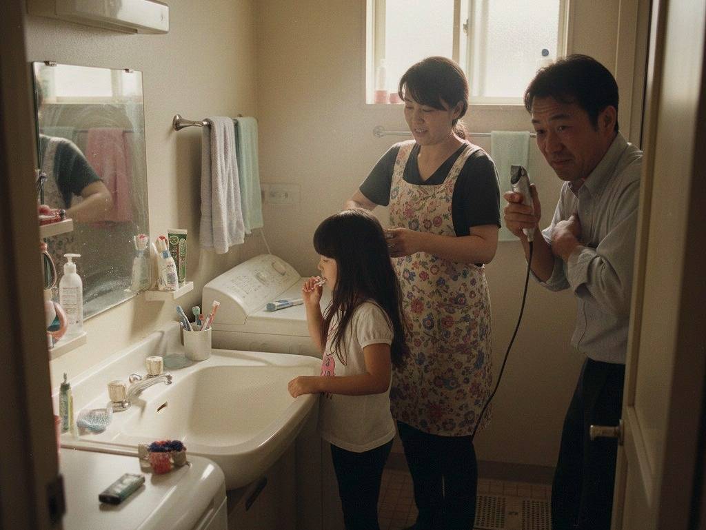 朝の忙しい時間帯に身支度が重なり混雑している洗面台